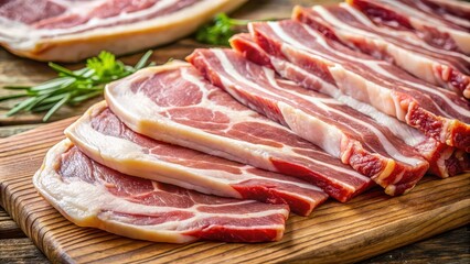 Poster - Close-up of raw pork bacon with streaky brisket slices, fresh thin sliced bacon meat, food ingredient , bacon, pork, meat