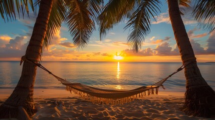 Wall Mural - A secluded hammock strung between two palm trees on a pristine white sandy beach in Fiji, framed by a breathtaking sunset casting a golden glow over the tranquil ocean.
