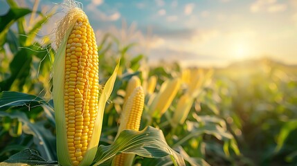 The image shows a close-up of yellow corn in a field, with green foliage and blue sky in the background.