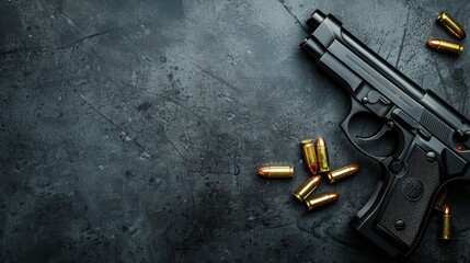 Black Handgun and Bullets on a Dark Surface