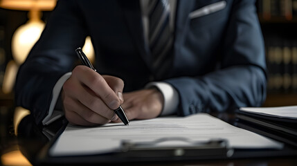 Canvas Print - Close-up of a businessman in a suit signing a document at a desk, symbolizing professionalism and agreement.