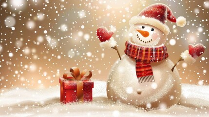 Wall Mural - Snowman with gift and scarf on snowy background Christmas card