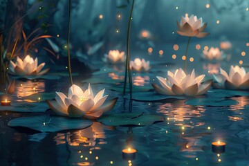 Lotus flower candles floating on water, For pray happy and lucky in thai buddhism culture.