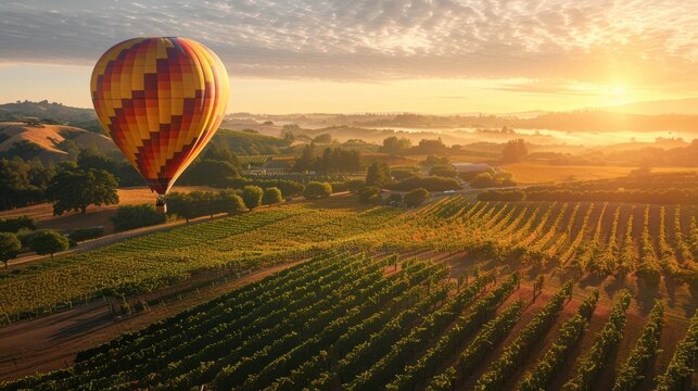 Couple taking a hot air balloon ride over scenic vineyards, romantic vacation, enchanting travel destination, and memorable experience