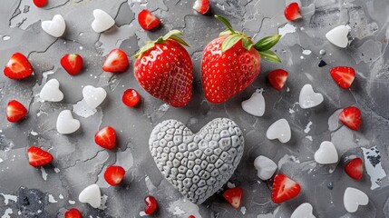 Wall Mural - Strawberry hearts on grey background with white and red stones top view
