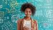 © mongkonchai - A young woman has a happy expression on her tablet phone. Then there were many mathematical images and physical formulas flying out, against the same colored background.