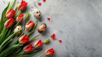 Wall Mural - Top view flat lay Easter greeting card with eggs and tulips on stone background