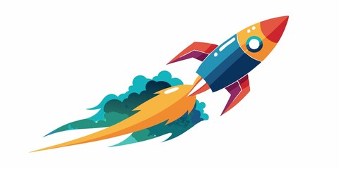 Simplified, abstract watercolor design featuring rocket on clean white background, with bold strokes and minimalist lines