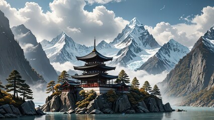 Canvas Print - Serene Temple on Mountain Island.