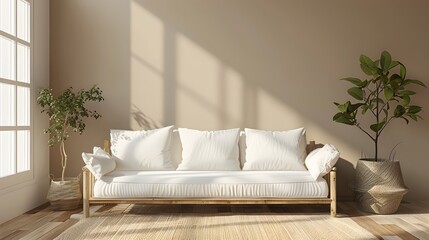 Modern living room with a white sofa and copy space on a beige wall background. Minimalist home interior design of a modern apartment.