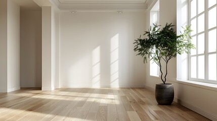 Wall Mural - An empty room with a light wooden floor and white wall, no furniture or decor elements present, a large window on the right side allows for natural lighting, a subtle plant in a vase near the corner.