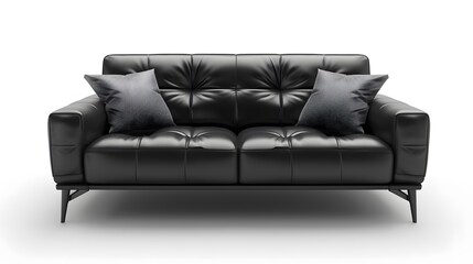 Wall Mural - Sleek black leather sofa isolated on white background, 3D rendering, HD, perspective angle view, showcasing the elegance of modern furniture design.