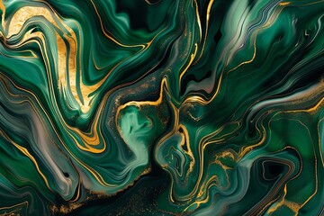 Wall Mural - An abstract design featuring swirling marbles of emerald green and gold, evoking luxury and elegance