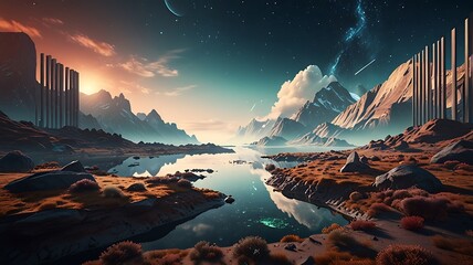 Wall Mural - Virtual Reality Landscape: A surreal 3D environment featuring ethereal landscapes and dreamlike textures, perfect for conveying virtual reality concepts and futuristic themes. Generative Ai.