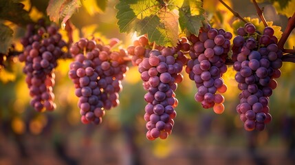 Wall Mural - Vibrant clusters of grapes hanging from vineyard vines, the morning light casting a gentle glow on their plump, purple skins, embodying the essence of harvest time.