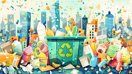 Sticker - Eco-Friendly Urban Recycling Collage: Colorful Illustration of Overflowing Bin with Sorted Garbage in Cityscape Background Made of Recycled Materials.