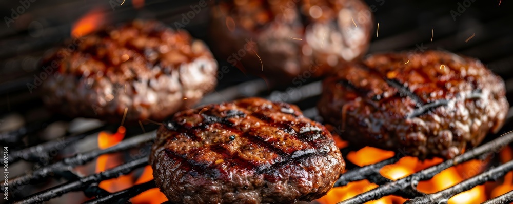 Grilled beef patties on a barbecue grill with flames and sparks, close ...