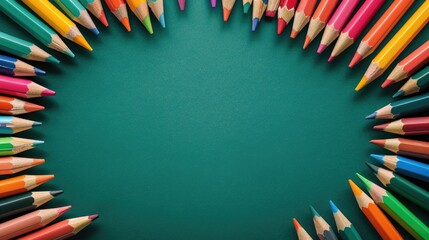 Sticker - Colorful pencil set arranged with school supplies on green background