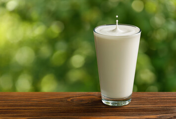 Wall Mural - glass of milk with splash and drop on table with green garden on the background