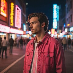 Handsome man in a pink jacket and blue shirt, the background an urban commercial district.