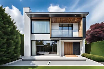 Modern luxury private house on a sunny day with blue sky and clouds.