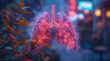 Wall Mural - Glowing human lungs digital illustration in a neon urban environment, medical concept