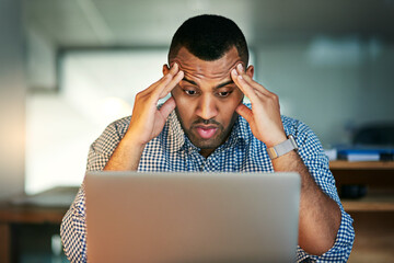 Aufkleber - Headache, laptop and stress with business man in office for administration deadline or problem solving. Anxiety, burnout and frustrated with design employee in creative workplace for 404 error