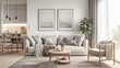 © Yuki - Minimalist living room with a white sofa, wooden furniture, and two framed pictures with copy space for interior design, home decor, or lifestyle themes.