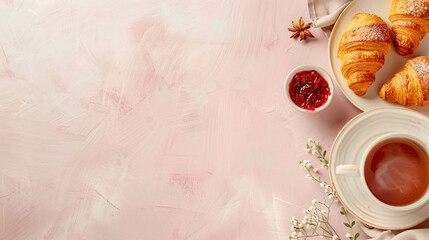 Poster - Flat lay of a cup of tea, croissants, and jam on a pink background with copy space for breakfast, brunch, or food blogs.