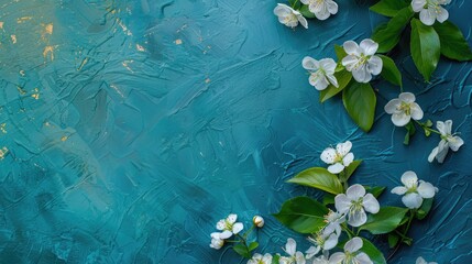 Wall Mural - Bird cherry flowers and foliage on blue surface seen from above