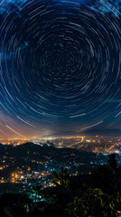 Poster - Star trails circling around a city at night with copy space for astronomy, time lapse, or night photography.