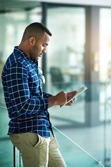 Poster - Black man, reading and tablet in office with scroll for career, social media management for company. Professional, creative or male person with ebook for research with email marketing, search or post