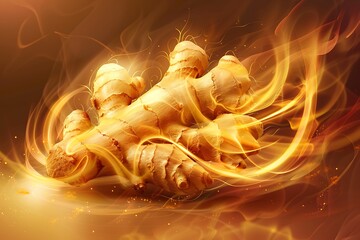 Wall Mural - An icon of a stylized ginger root with a dynamic, swirling pattern and a spicy aura