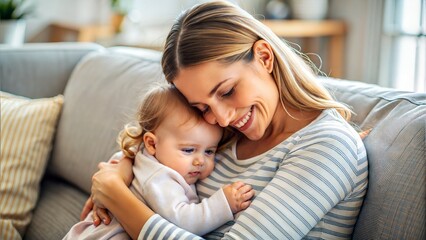 Wall Mural - happy mother hugging little baby girl at home