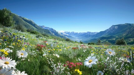 A serene mountain valley filled with wildflowers in full bloom, under a clear blue sky.