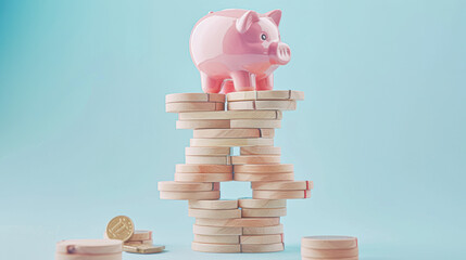 Canvas Print - Fragile Finances Delicate Balance of Savings and Risk Concept with Pink Piggy Bank on Wooden Blocks Tower Against Pastel Blue Background