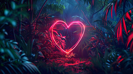 Frame love neon valentine glowing heart on background of leaves and branches, fresh nature. Jungle neon light, cyber frame with copy space. Urban, futuristic background.