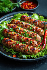 Wall Mural - Gourmet Sausage Plate with Chilli Garnish on Black Background