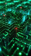 Poster - A digital maze teeming with glowing green code, a single red virus particle navigating through the labyrinth, photorealistic