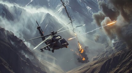 Sticker - A dramatic overhead shot of an Attack Helicopters AH-64 Apache launching a missile towards a hidden enemy encampment