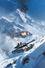 Canvas Print - A dramatic scene of an Military tank M1 Abrams engaging in a firefight on a snowy mountain ridge Explosions erupt amidst the snowdrifts