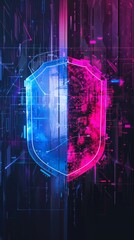 Poster - a fragmented shield emblem, cracked and distorted, overlaid with swirling glitches representing a co
