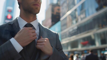 Wall Mural - A man in a suit is getting ready to tie his tie