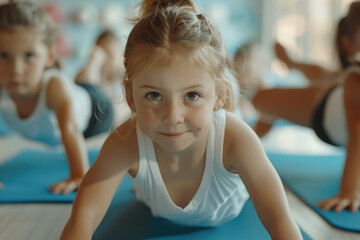 Sticker - Children in white T-shirts and black shorts lying on blue yoga mats at the gym, doing push-ups