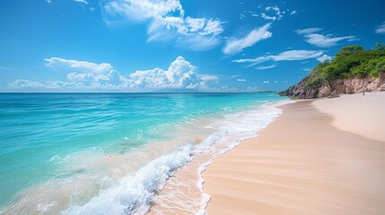 Wall Mural - A serene beach with white sand, turquoise water, and fluffy clouds in a clear blue sky. Perfect for a relaxing vacation.