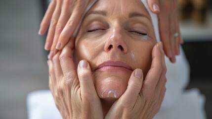 Wall Mural - Close-up of a woman with mature skin receiving a hydrating facial treatment