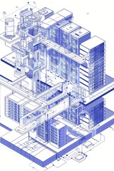 Poster - Isometric blueprint of a data center, showcasing multiple floors, server racks, and network pathways in three-dimensional perspective