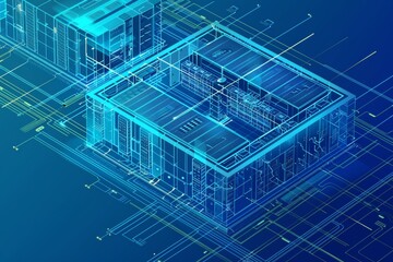 Poster - Isometric blueprint of a data center, showcasing multiple floors, server racks, and network pathways in three-dimensional perspective