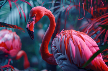 Pink flamingos, close-up shot of pink feathers in the background