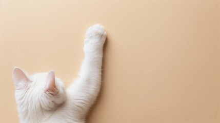 Canvas Print - White cat leg from above on beige floor with space for text